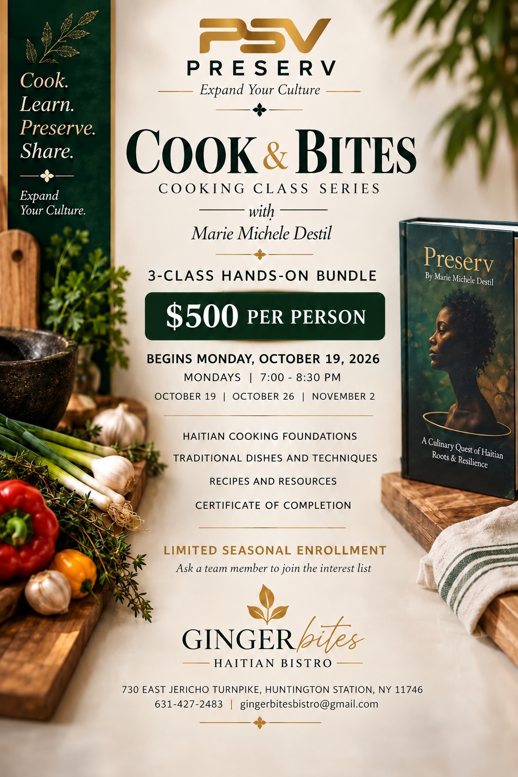 Cook and Bites hands-on Haitian cooking classes with Marie Michele Destil at Gingerbites Haitian Bistro in Huntington Station, Long Island