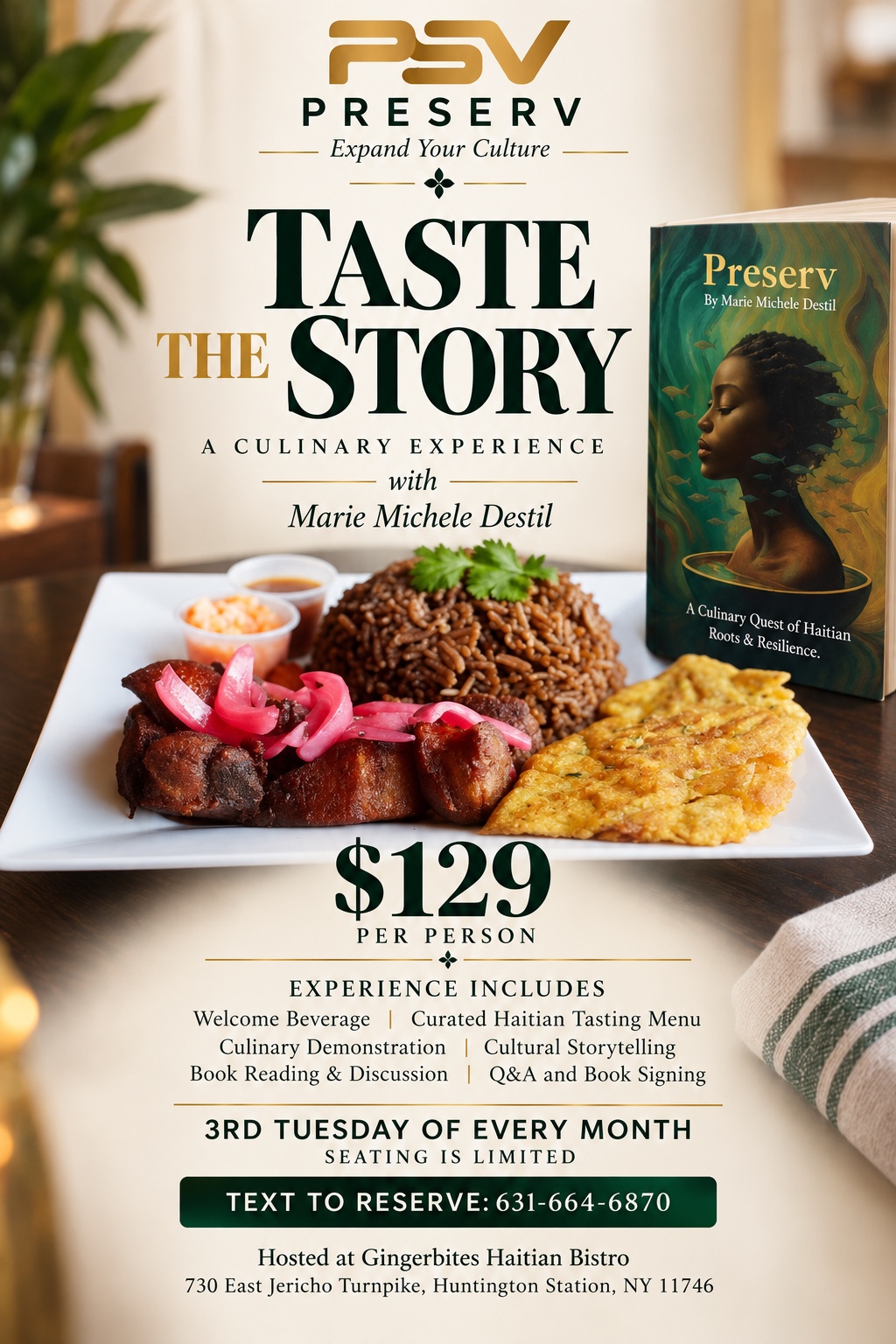 Taste the Story Haitian culinary experience at Gingerbites Haitian Bistro with Marie Michele Destil in Huntington Station, Long Island